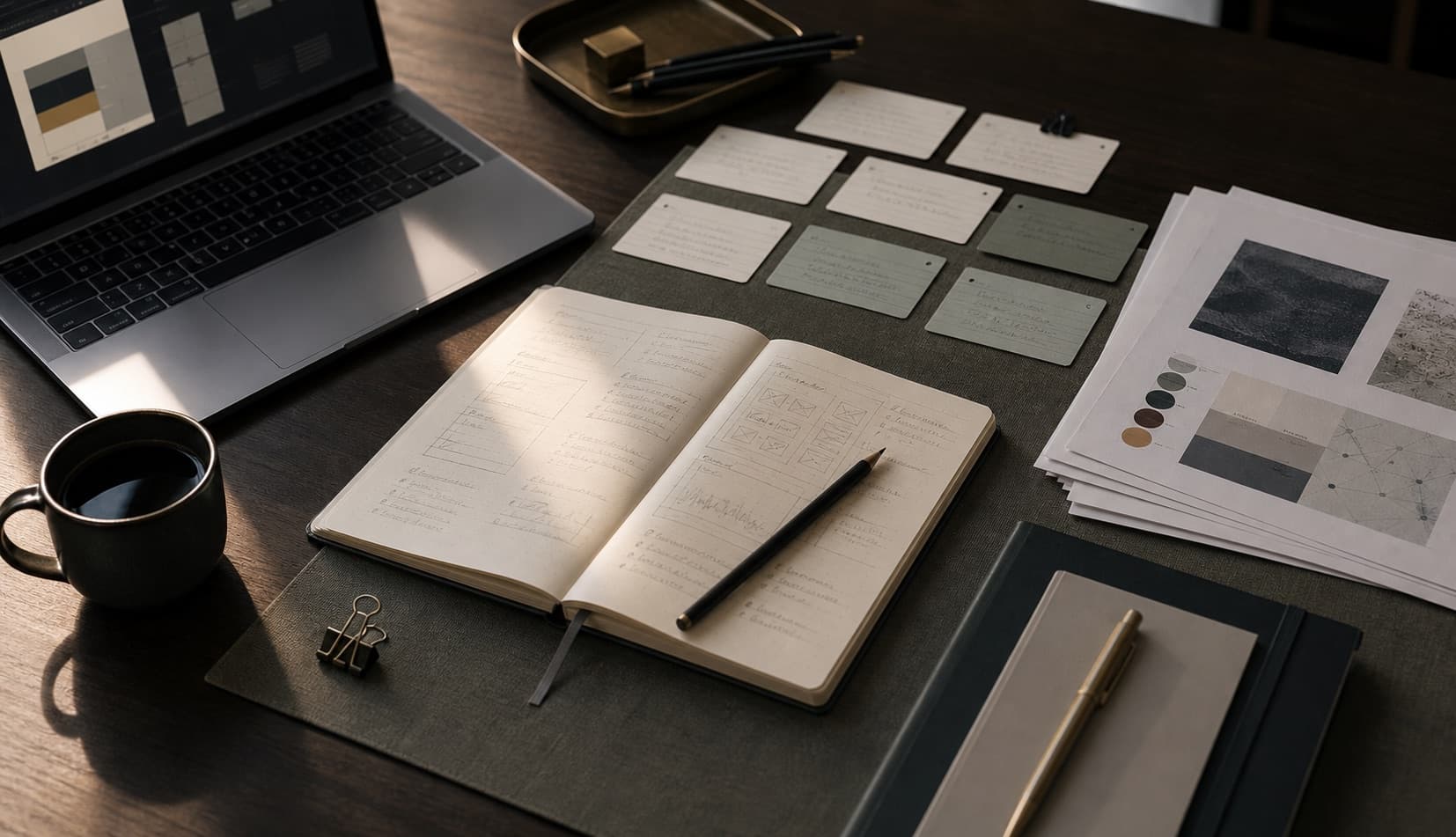 Editorial desk with research notes and writing materials